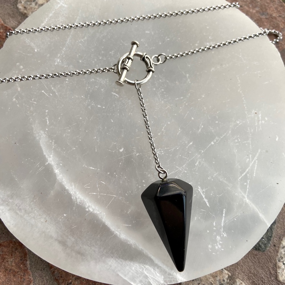 Onyx pendulum necklace . Stainless steel lariat Y shape onyx charm boho choker - Picture 11 of 13